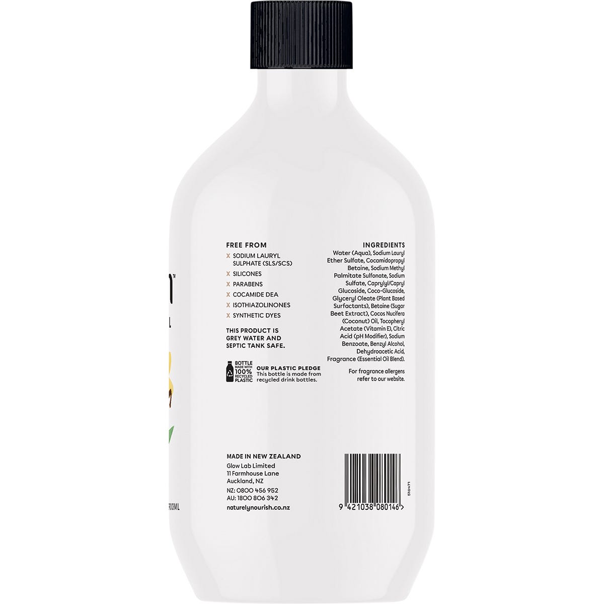 Back of 900ml Naturely Nourish Coconut & Vanilla hand wash bottle with ingredients and usage directions.