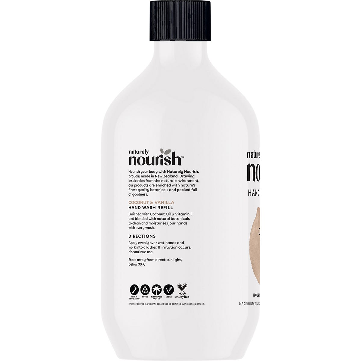 900ml Naturely Nourish Coconut & Vanilla hand wash bottle on a white background with botanical leaf illustrations.