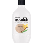 900ml bottle of Naturely Nourish Coconut & Vanilla hand wash with a white label and botanical illustrations.