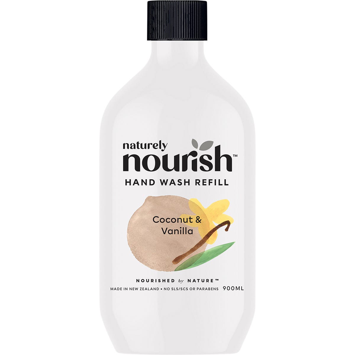 900ml bottle of Naturely Nourish Coconut & Vanilla hand wash with a white label and botanical illustrations.