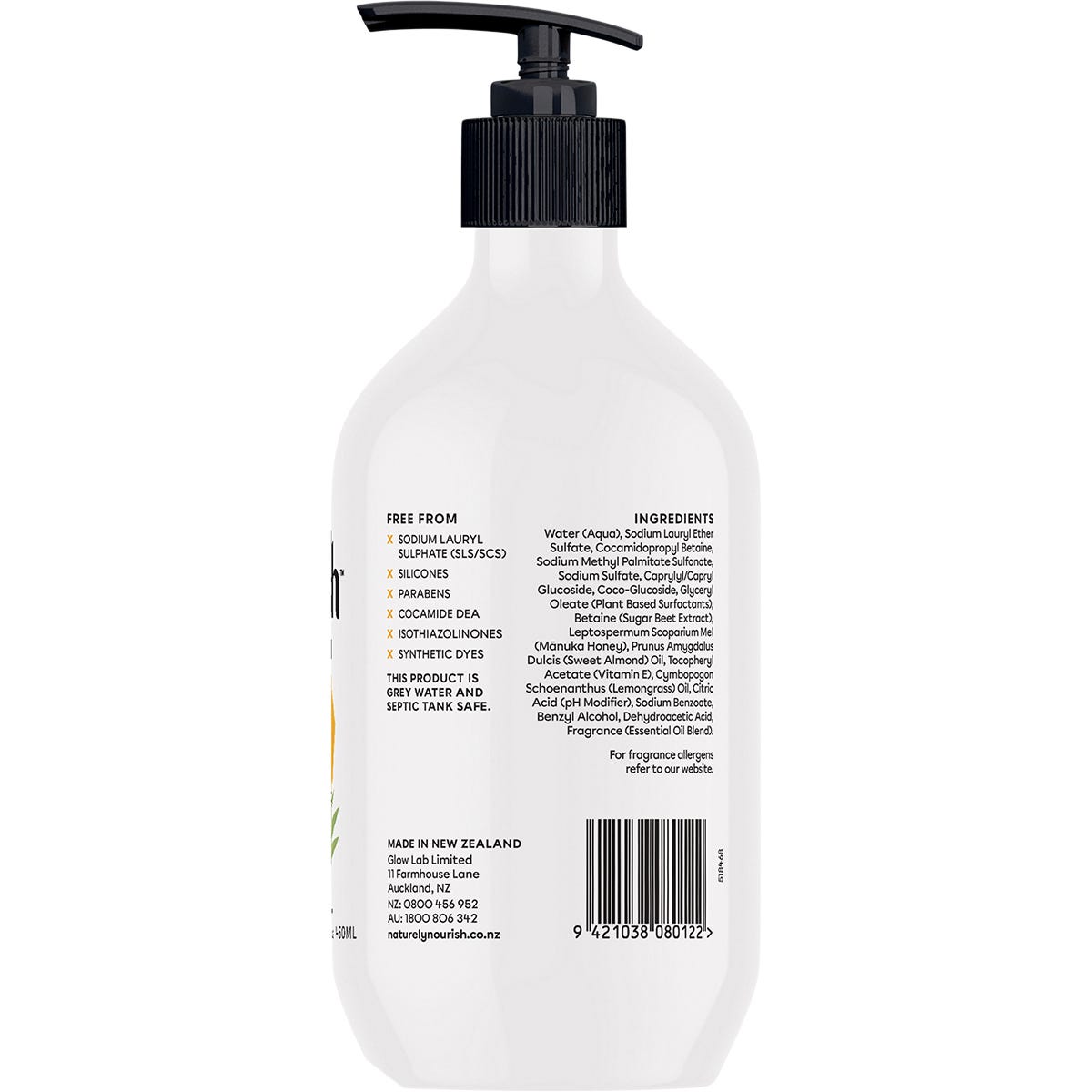 Back label of Naturely Nourish Lemongrass and Manuka Honey hand wash bottle with ingredients and directions.