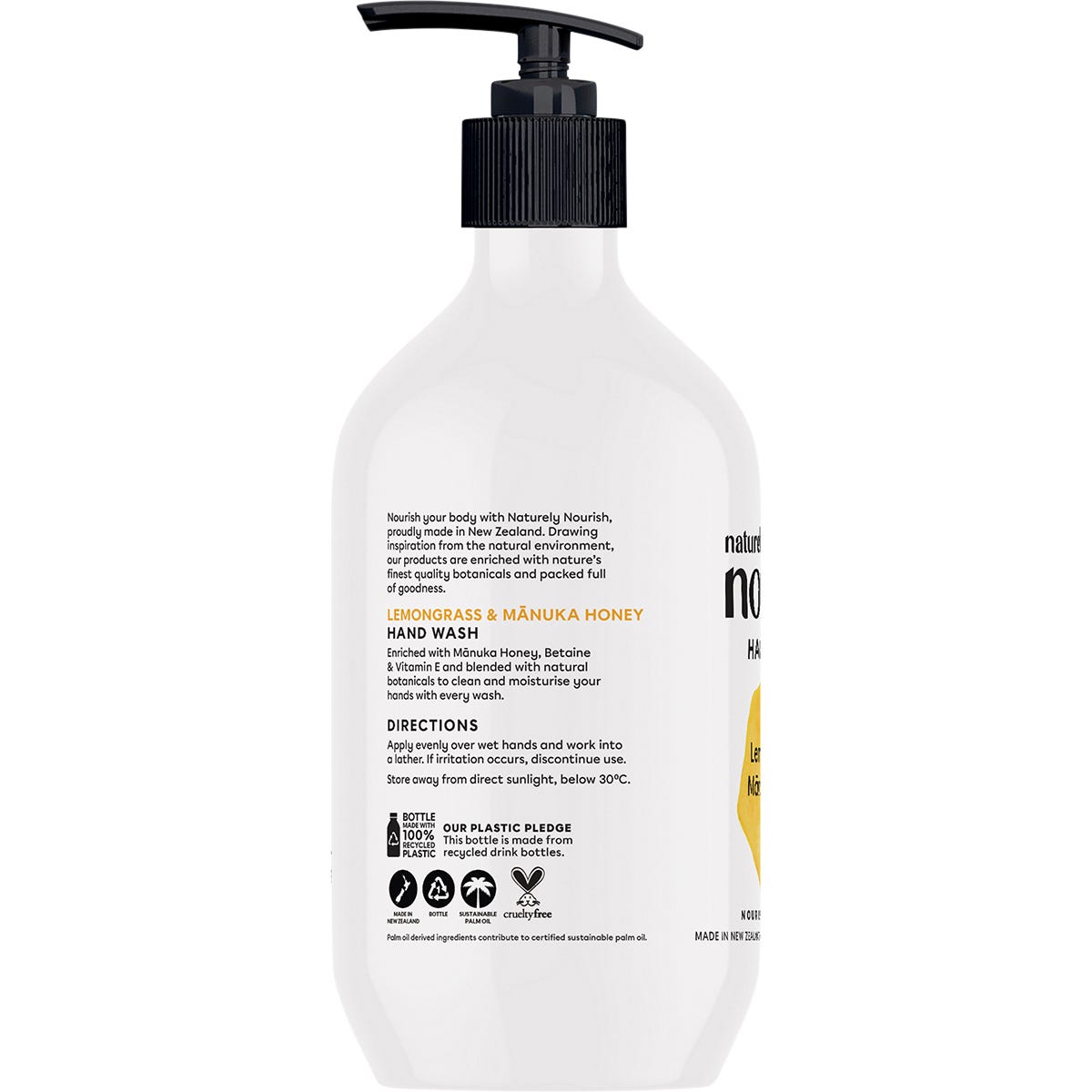 Naturely Nourish Lemongrass and Manuka Honey 450ml hand wash bottle featuring a pump dispenser.