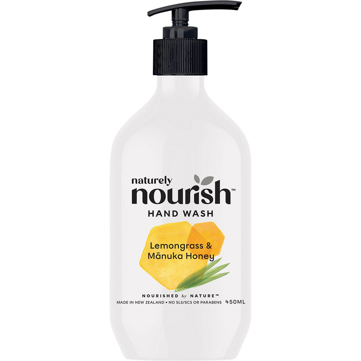 Naturely Nourish Lemongrass and Manuka Honey 450ml hand wash bottle with a pump dispenser.