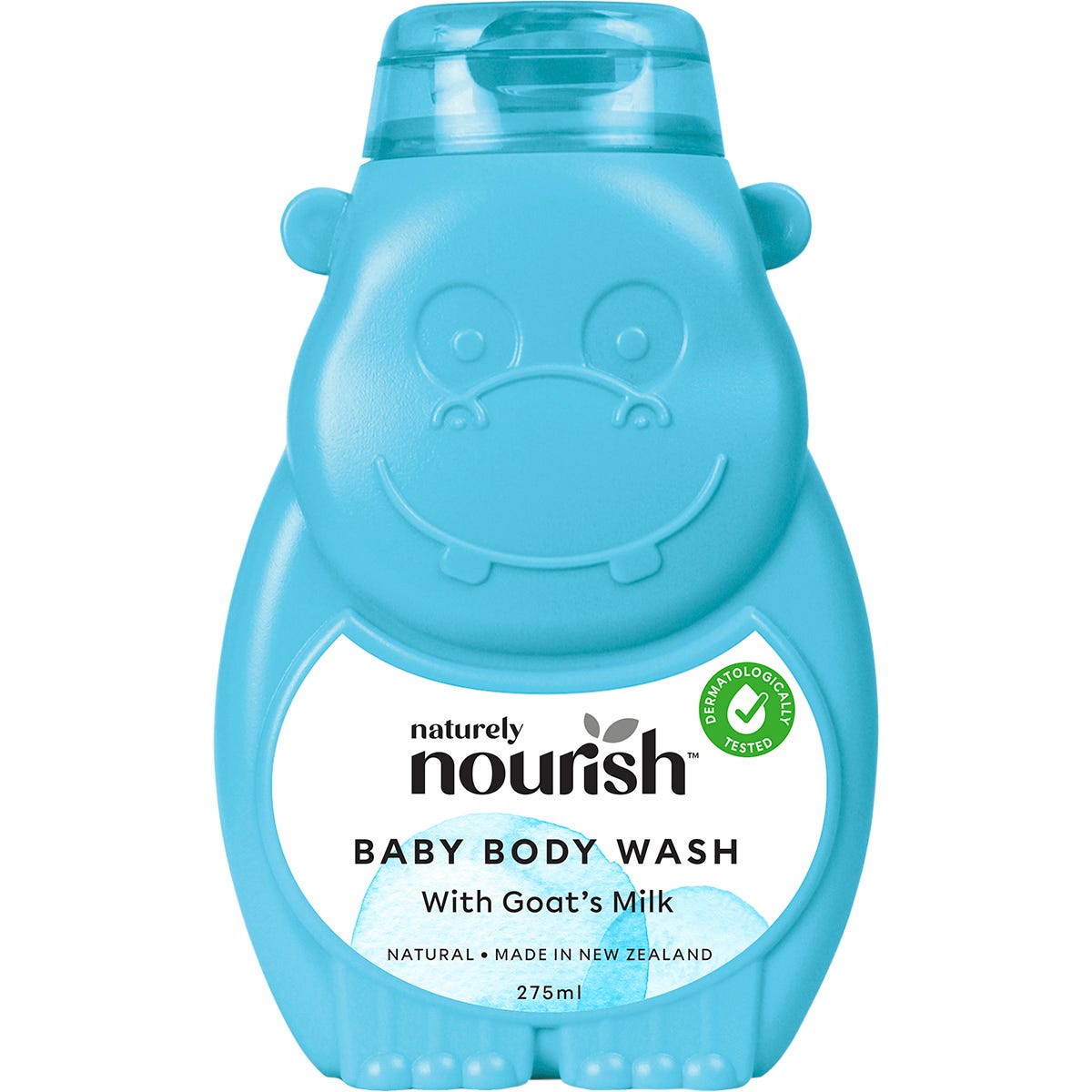 Naturely Nourish Hippo Baby Body Wash 275ml bottle with a purple hippo illustration and goat milk on a white background.