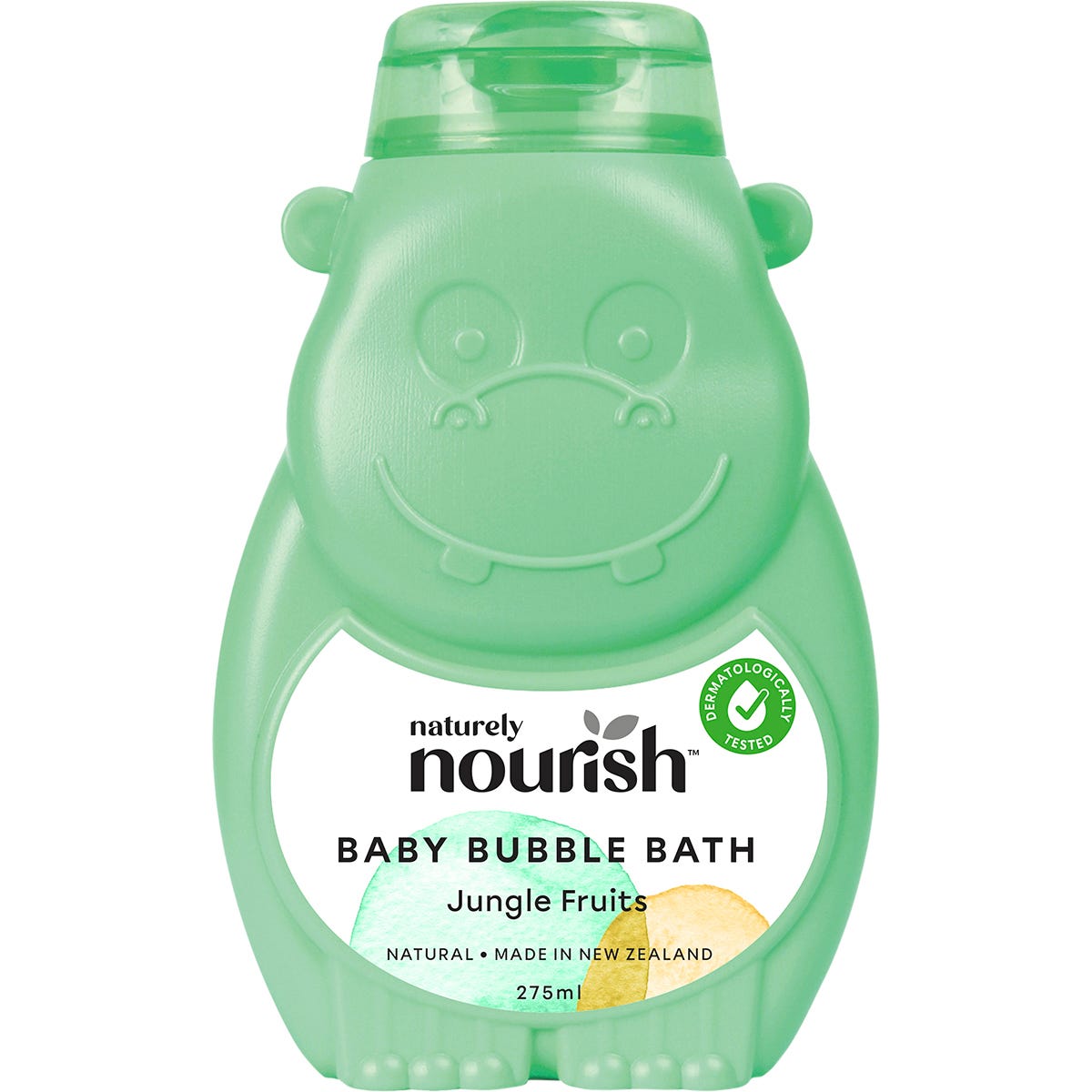 275ml bottle of Naturely Nourish Hippo Baby Bubble Bath featuring a purple hippo illustration and jungle fruits scent.