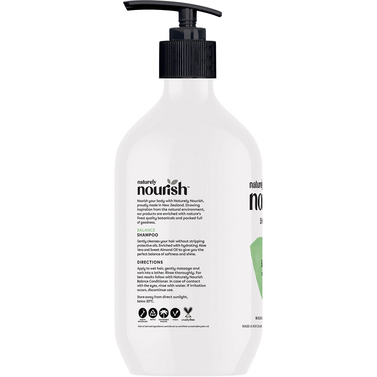 Naturely Nourish 800ml Balance Shampoo bottle for normal hair featuring aloe vera and sweet almond oil illustrations.