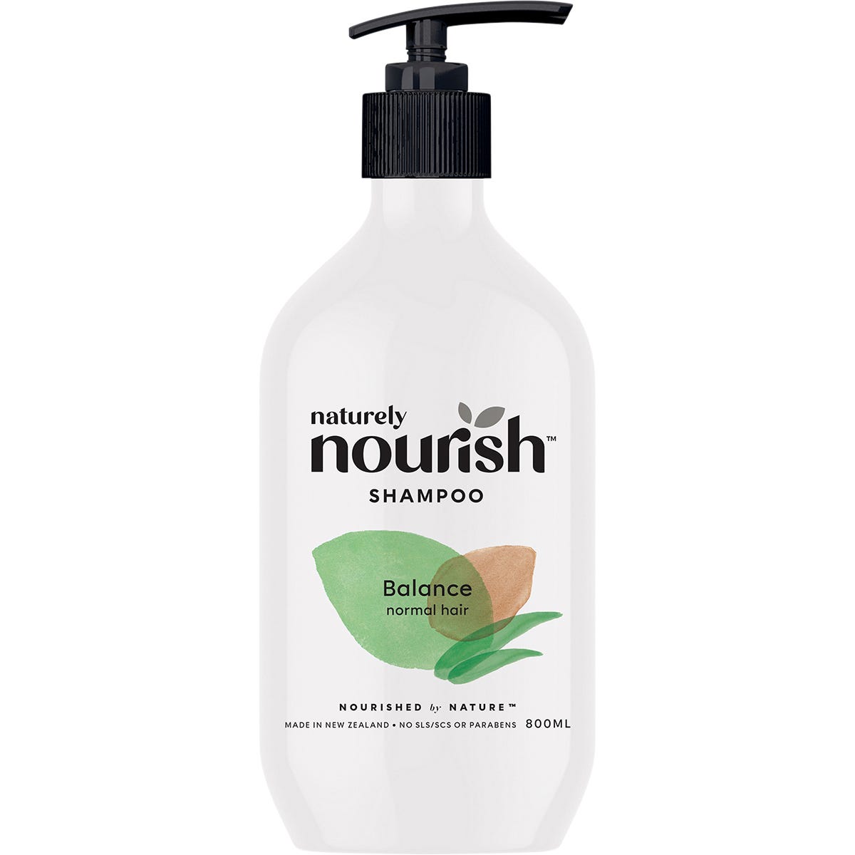 Naturely Nourish Shampoo Balance 800ml bottle for normal hair with aloe vera and sweet almond oil.