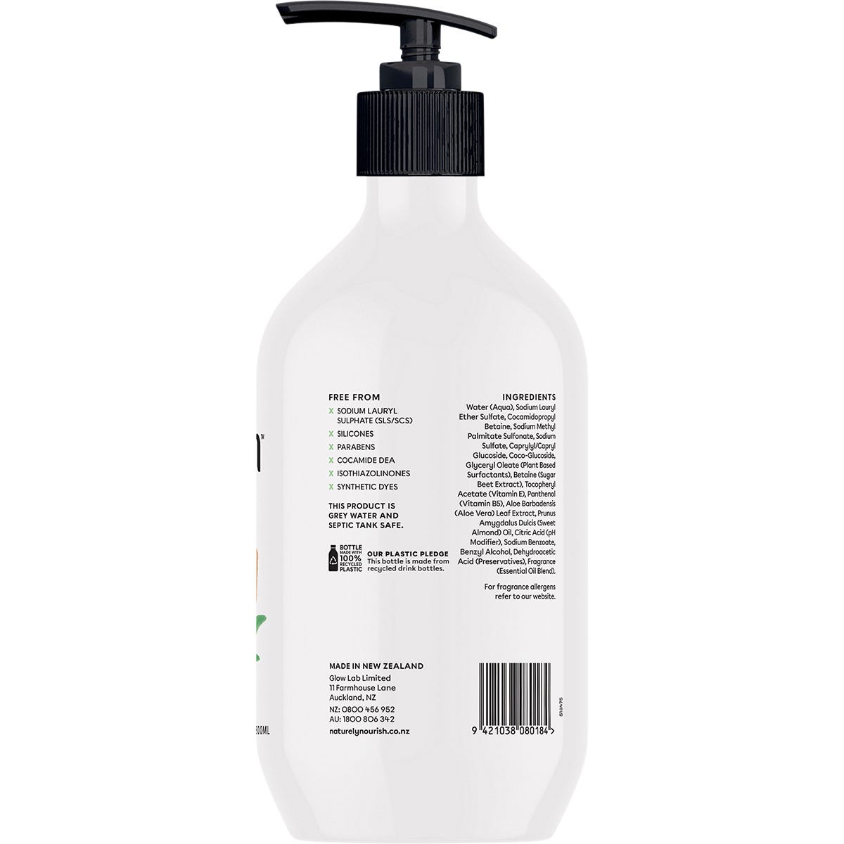 Side view of Naturely Nourish 800ml Balance Shampoo bottle highlighting key benefits and directions for use.
