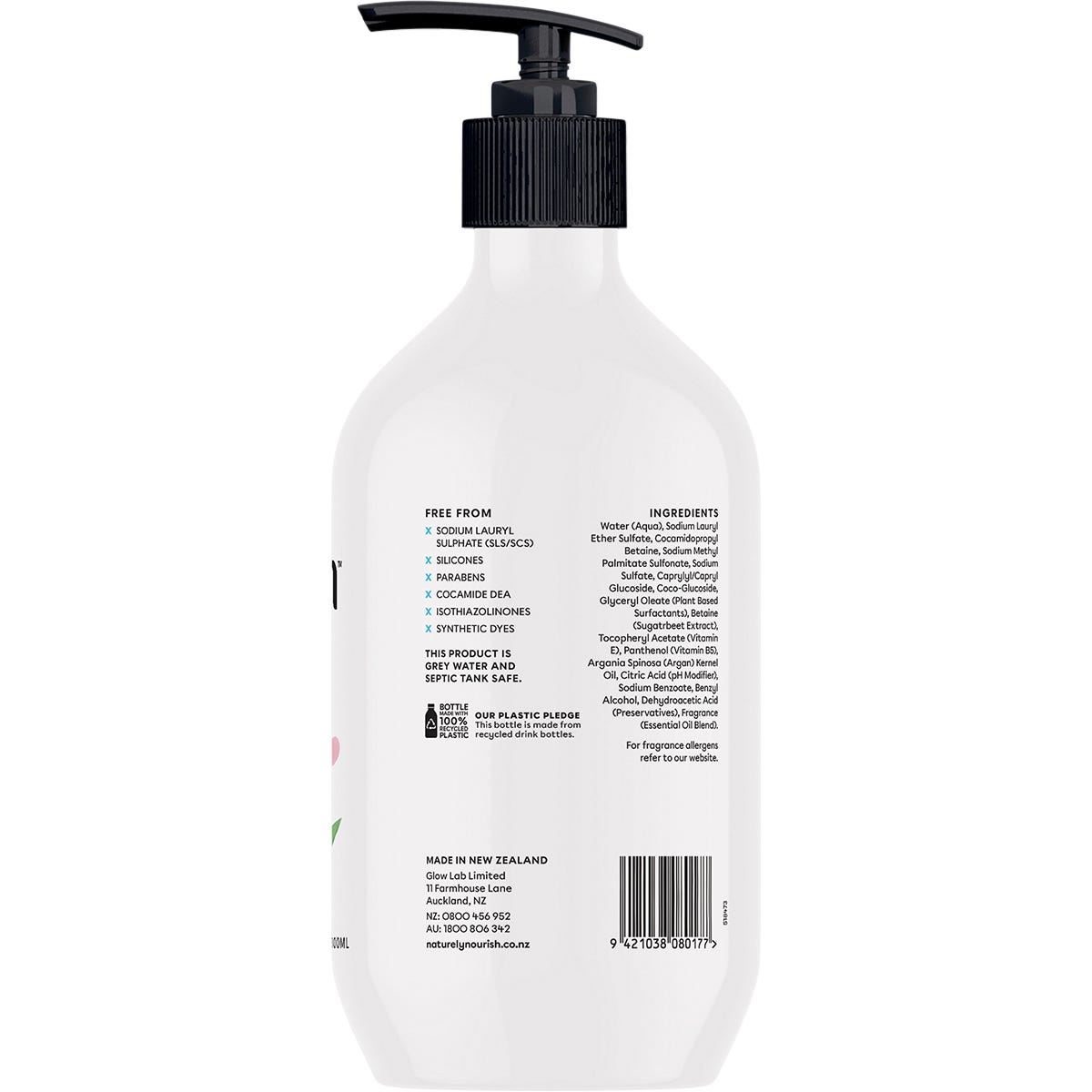 Back of Naturely Nourish Shampoo 800ml bottle with ingredients, directions, and product details.
