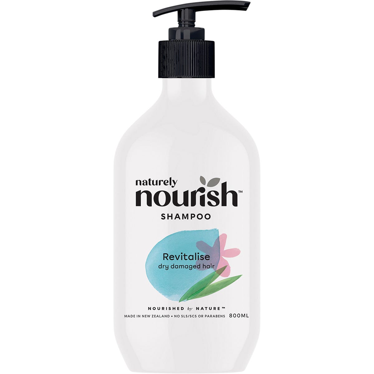800ml bottle of Naturely Nourish Shampoo to revitalise dry and damaged hair.