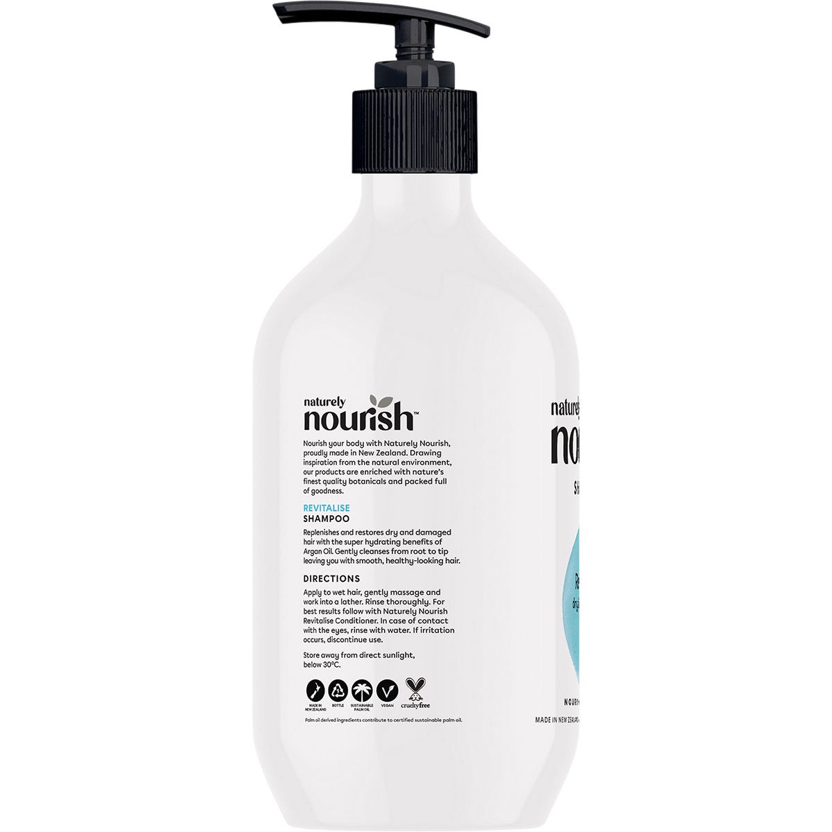 Side view of an 800ml bottle of Naturely Nourish Shampoo for revitalising dry and damaged hair.