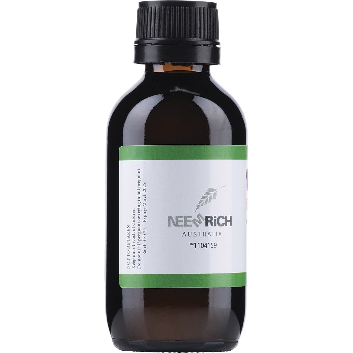 100ml bottle of 100% pure cold-pressed neem seed oil for skin and hair care on a white background.