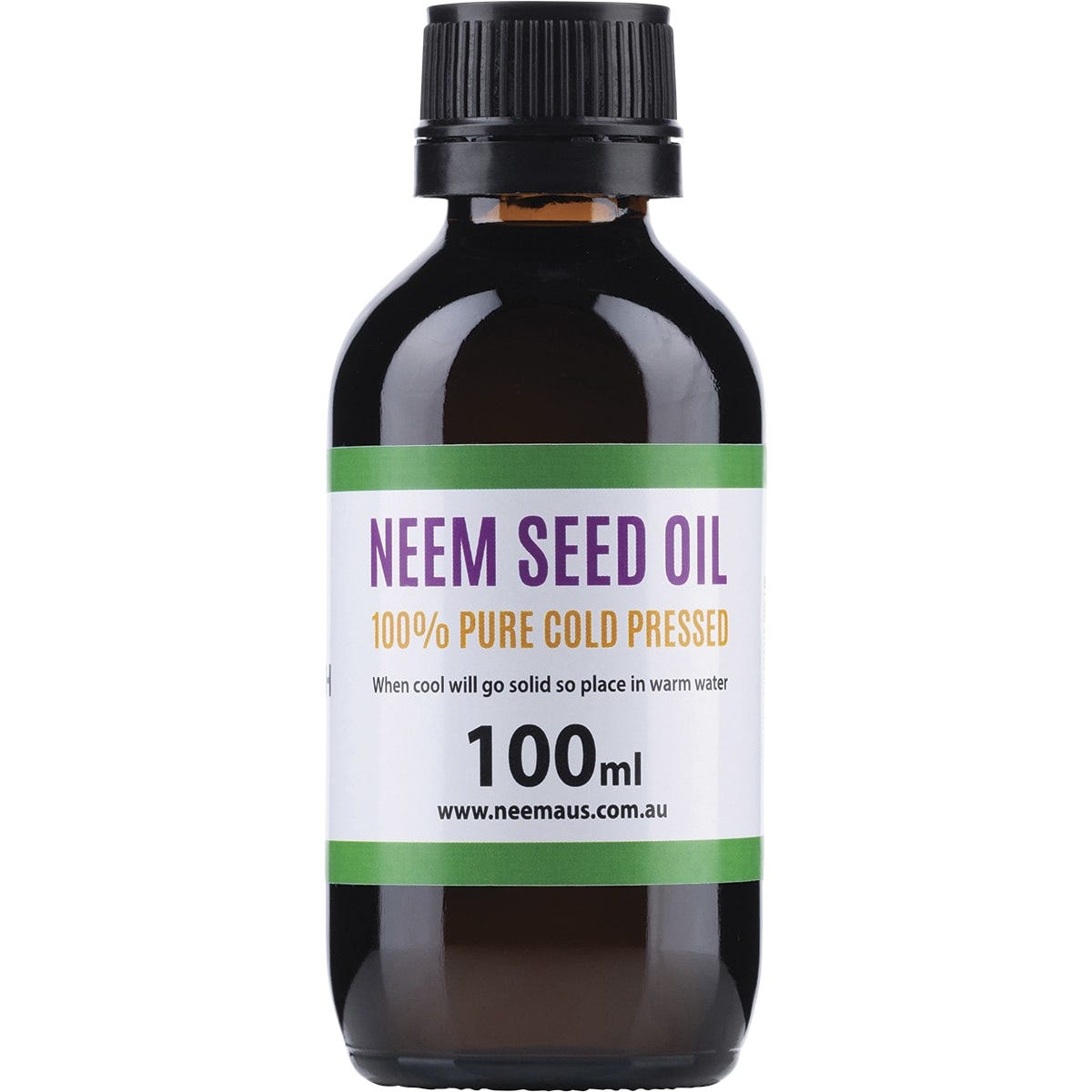 100ml bottle of Neem Seed Oil, 100% pure and cold-pressed, on a white background.