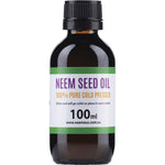 100ml bottle of Neem Seed Oil, 100% pure and cold-pressed, on a white background.