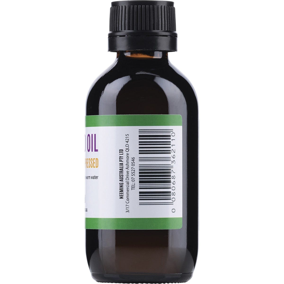 100ml bottle of 100% pure cold-pressed neem seed oil highlighting organic and natural care on a white background.