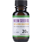 20ml bottle of Neem Seed Oil, 100% pure and cold pressed, in a white box with green leaf illustrations.