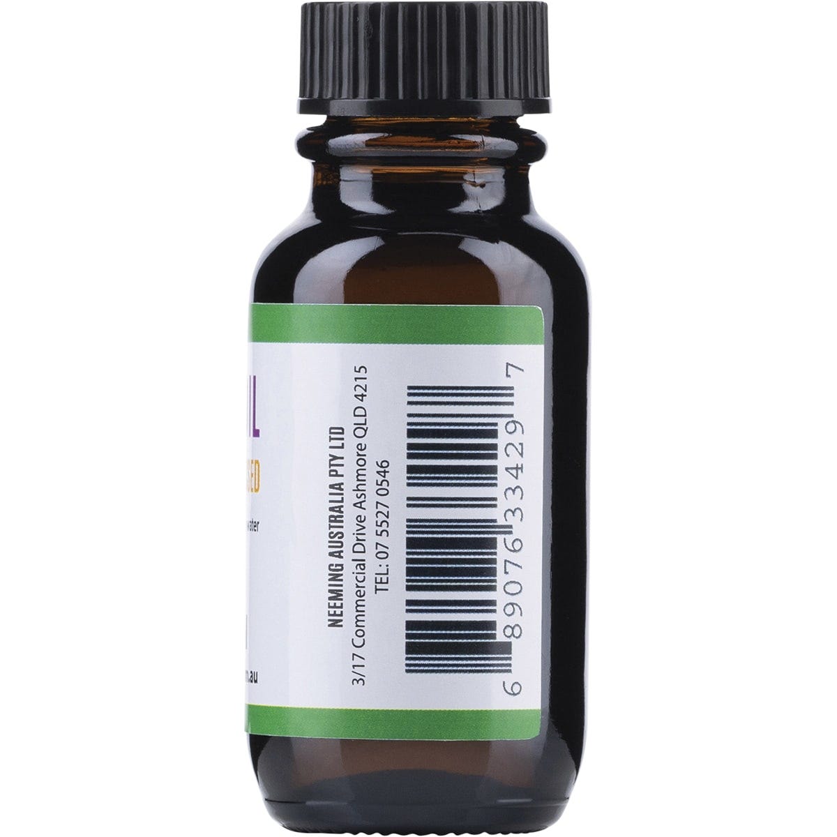 Top view of a 20ml glass bottle of Neem Seed Oil with a white label and green dropper cap on a white background.