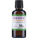 50ml bottle of 100% pure cold-pressed Neem Seed Oil with a white label and a black dropper cap.