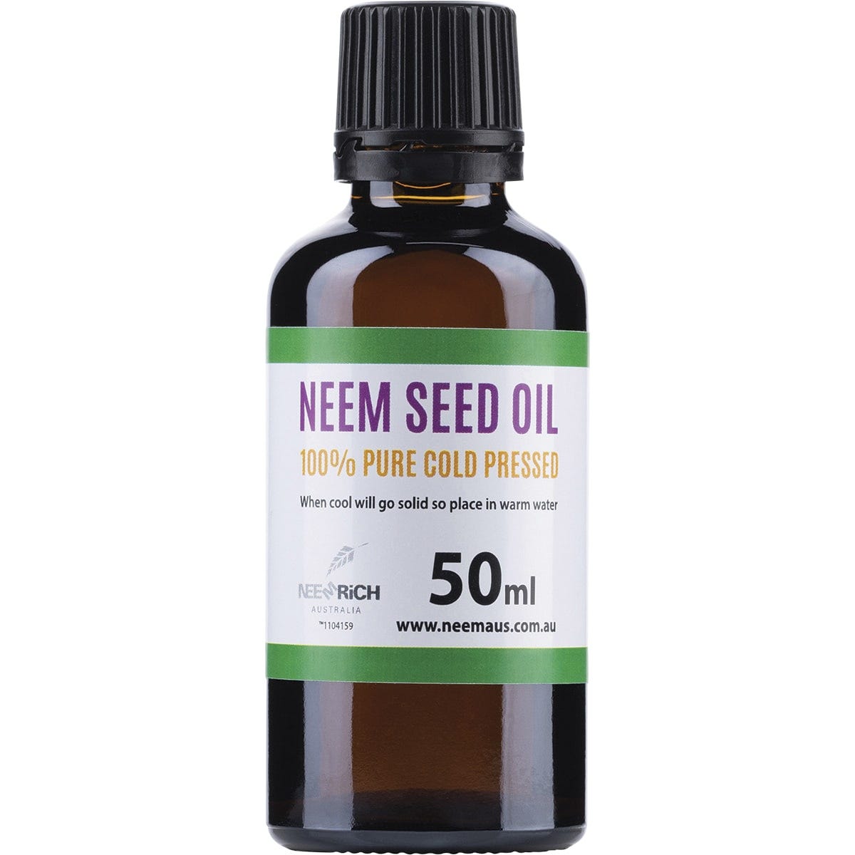 50ml bottle of 100% pure cold-pressed Neem Seed Oil with a white label and a black dropper cap.