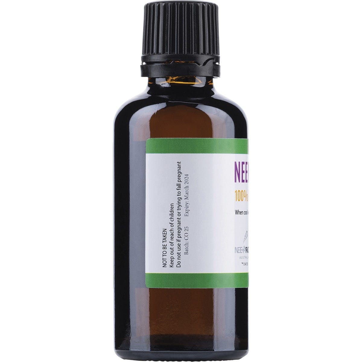 50ml bottle of Neem Seed Oil with a white label and black dropper cap against a white background.