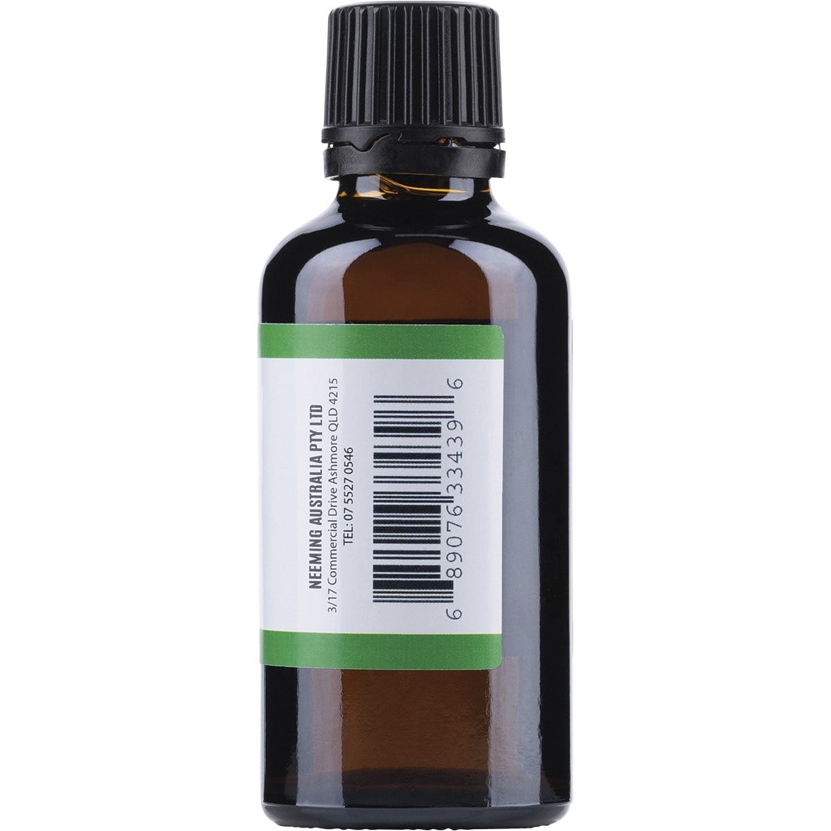 Side view of a 50ml Neem Seed Oil bottle showing directions for use and product information on a white label.