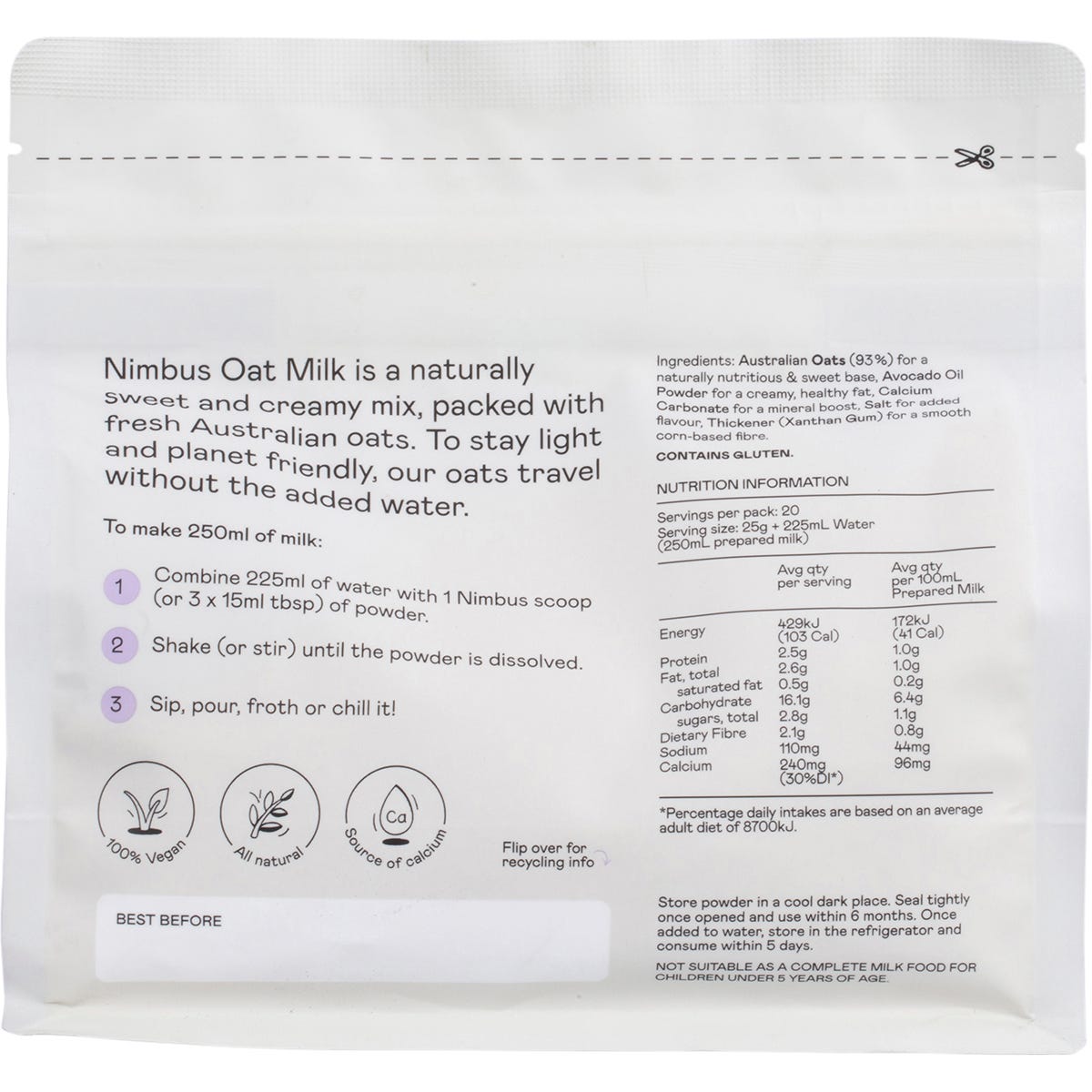 Back of a 500g Nimbus Oat Milk Powder pouch showing ingredients, nutritional information, and preparation instructions.
