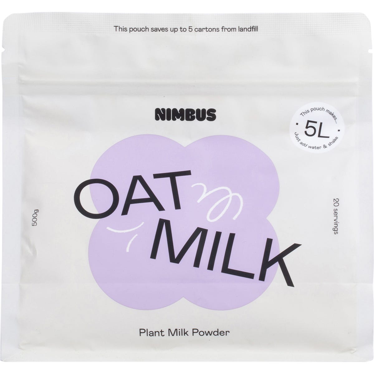 Nimbus Oat Milk Powder 500g pouch featuring a cloud logo and blue and white design on a white background.