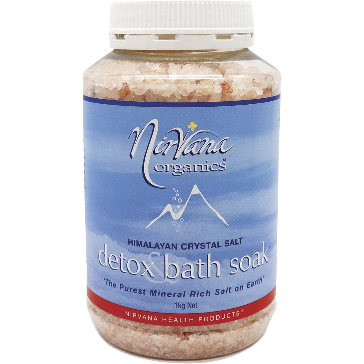 1kg tub of Nirvana Organics Himalayan Crystal Salt Detox Bath Soak with pink crystals and botanical illustrations.