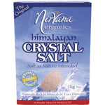1kg bag of Nirvana Organics fine Himalayan crystal salt with a pink and white label.