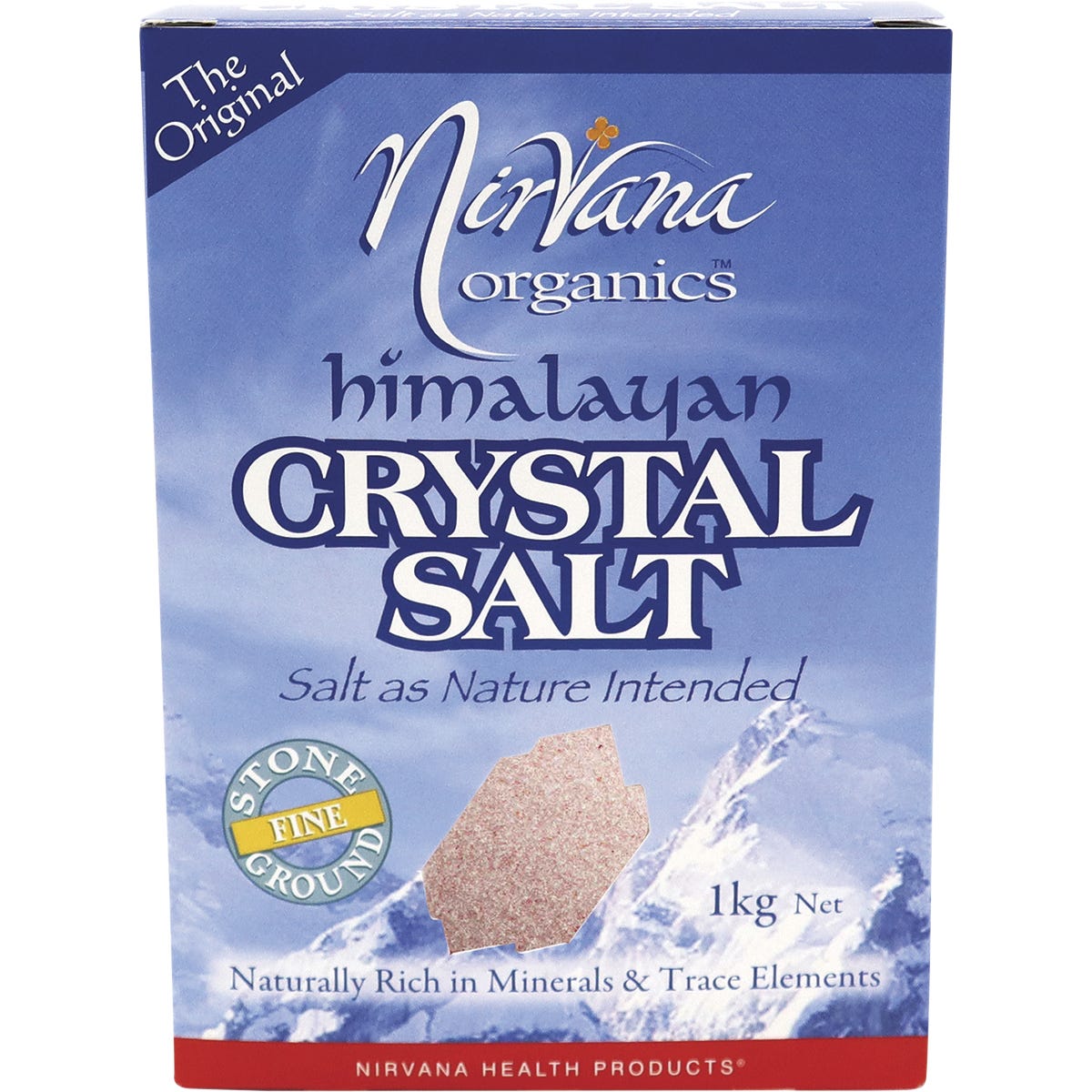 1kg bag of Nirvana Organics fine Himalayan crystal salt with a pink and white label.