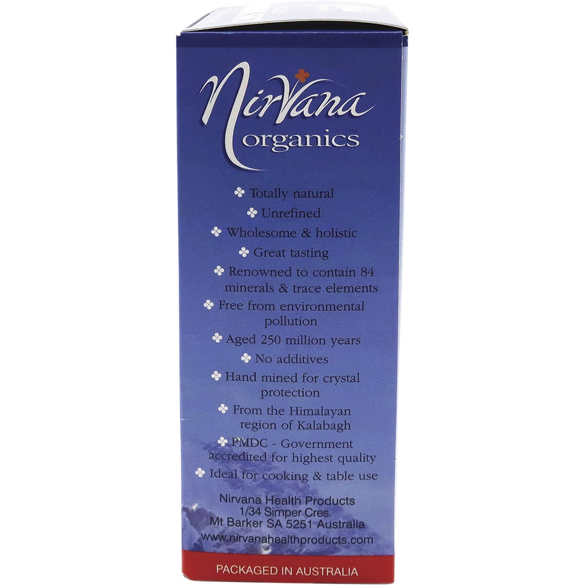 Back of Nirvana Organics Fine Himalayan Salt 500g pouch showing nutrition facts, ingredients, and product details.