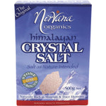 500g pouch of Nirvana Organics Fine Himalayan Crystal Salt with a transparent window showing pink salt grains.