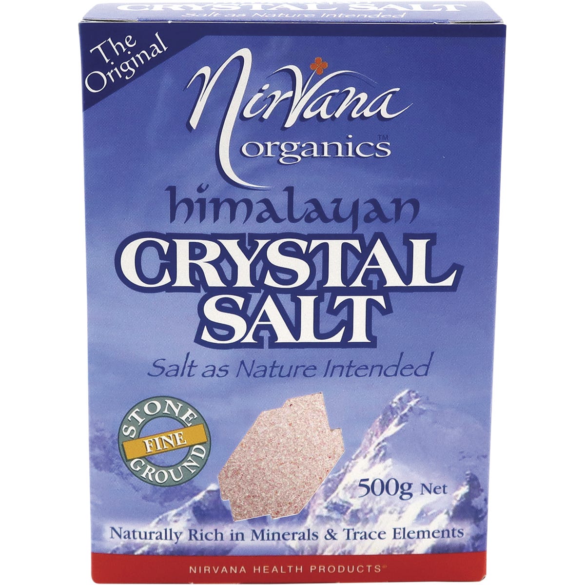 500g pouch of Nirvana Organics Fine Himalayan Crystal Salt with a transparent window showing pink salt grains.