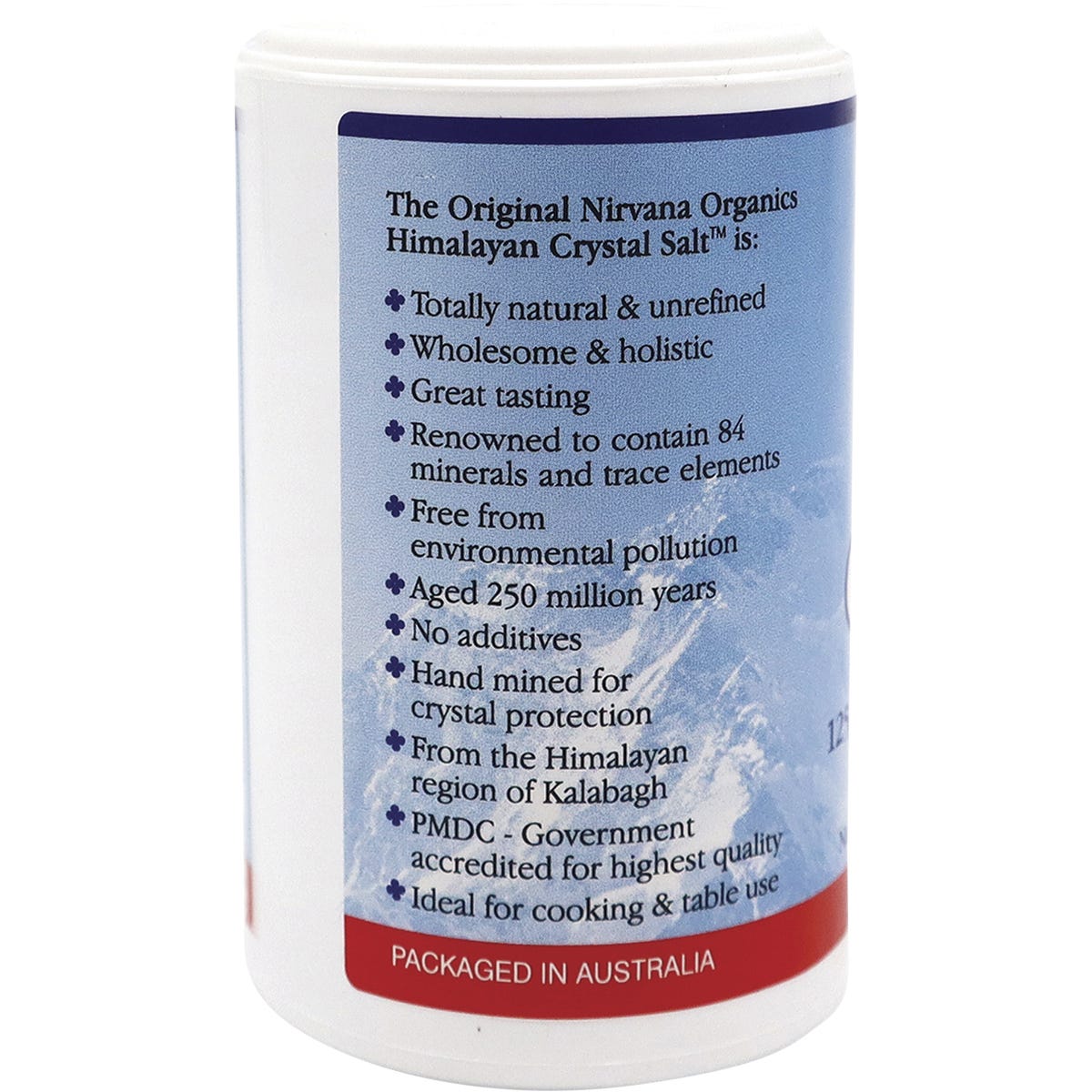 Nirvana Organics 125g Himalayan Salt Fine Shaker with pink salt, white lid, and three dispensing settings.