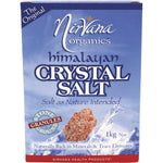 1kg bag of Nirvana Organics Himalayan Salt Granules featuring pink salt crystals and a mountain landscape illustration.