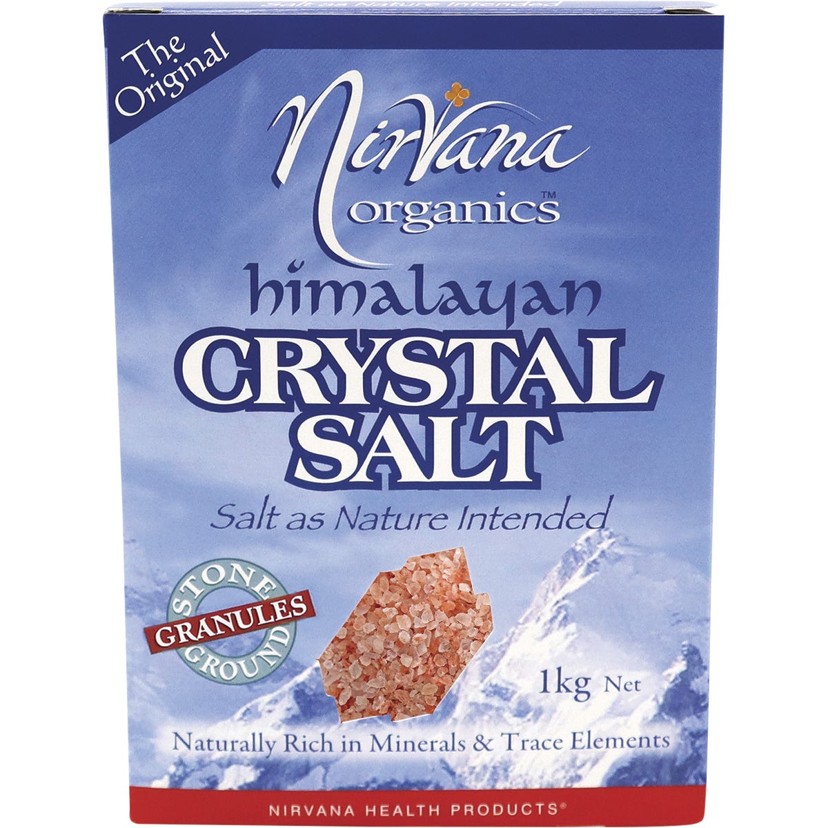1kg bag of Nirvana Organics Himalayan Salt Granules featuring pink salt crystals and a mountain landscape illustration.
