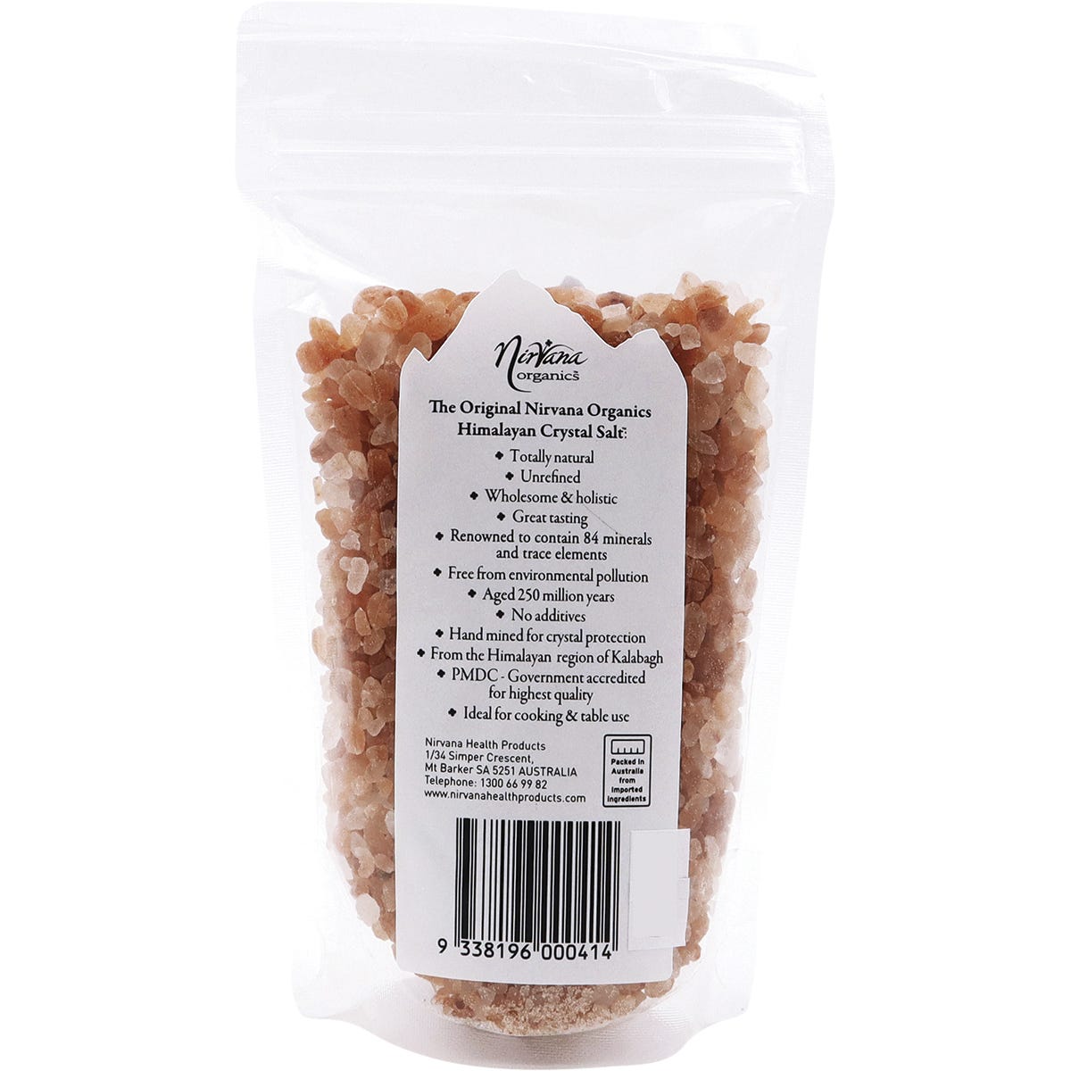 Nirvana Organics 250g resealable pouch of pink Himalayan salt granules on a white background.