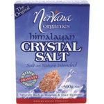500g bag of Nirvana Organics Himalayan Salt Granules showing pinkish salt crystals through a clear window.