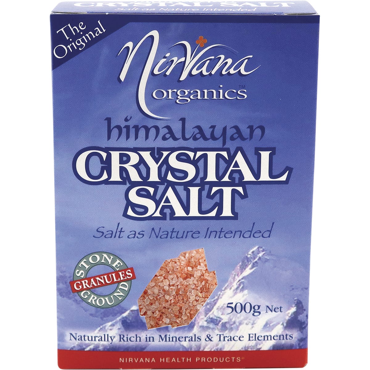 500g bag of Nirvana Organics Himalayan Salt Granules showing pinkish salt crystals through a clear window.
