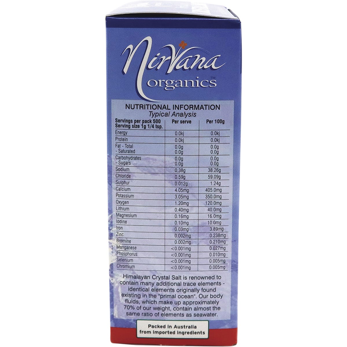 Nirvana Organics Himalayan Salt Granules 500g bag with pink salt crystals visible through a clear window.
