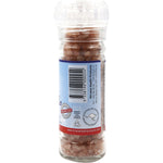 Nirvana Organics 125g glass salt grinder with pink Himalayan granules, shown from a front-facing view on a white background.