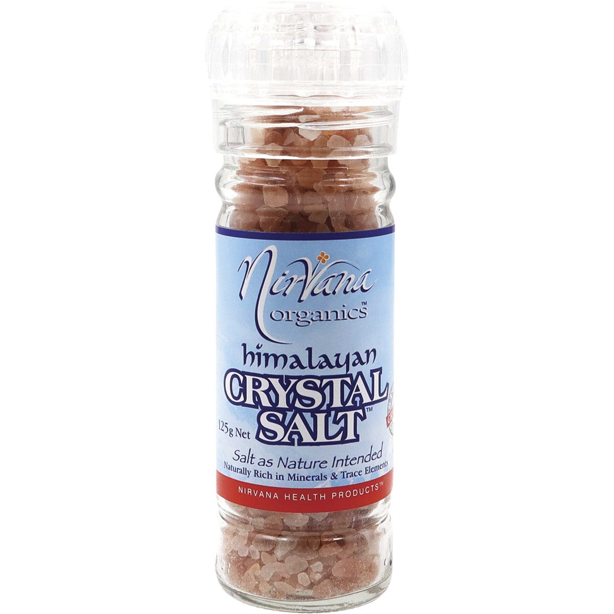 Nirvana Organics 125g glass grinder filled with pink Himalayan salt granules on a white background.