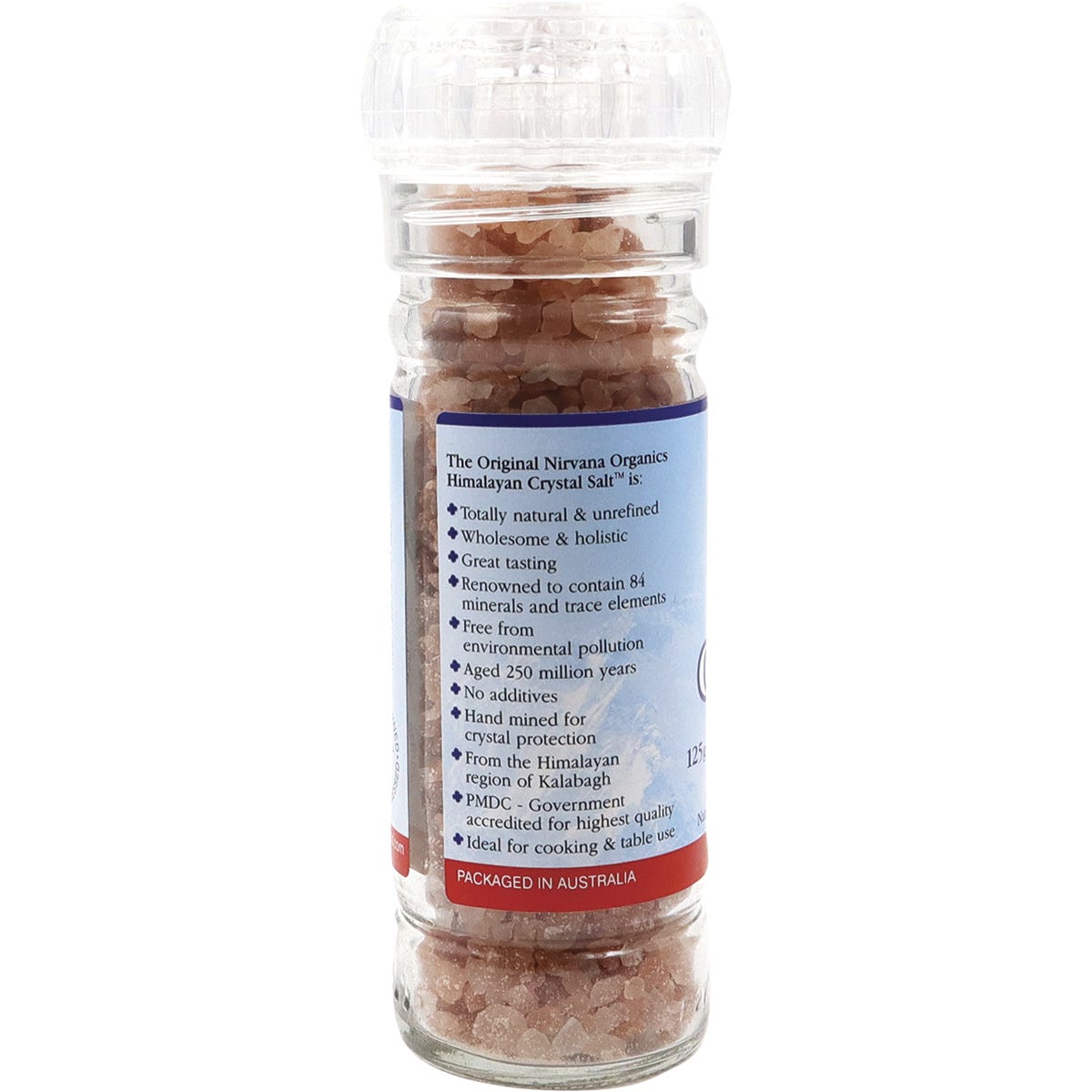 Nirvana Organics 125g glass salt grinder with pink Himalayan granules, shown at a slight angle on a white background.