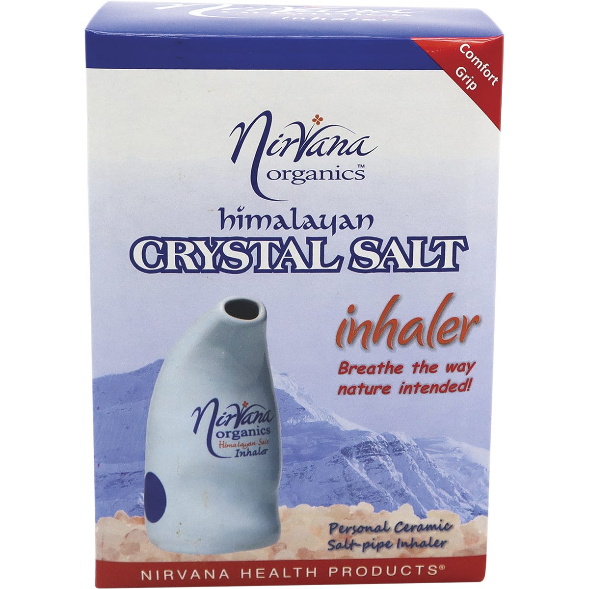 White ceramic Nirvana Organics Himalayan salt inhaler with an ergonomic grip and blue branding.