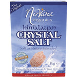 1kg bag of Nirvana Organics Himalayan Salt Medium featuring pink crystals and a white and blue label.