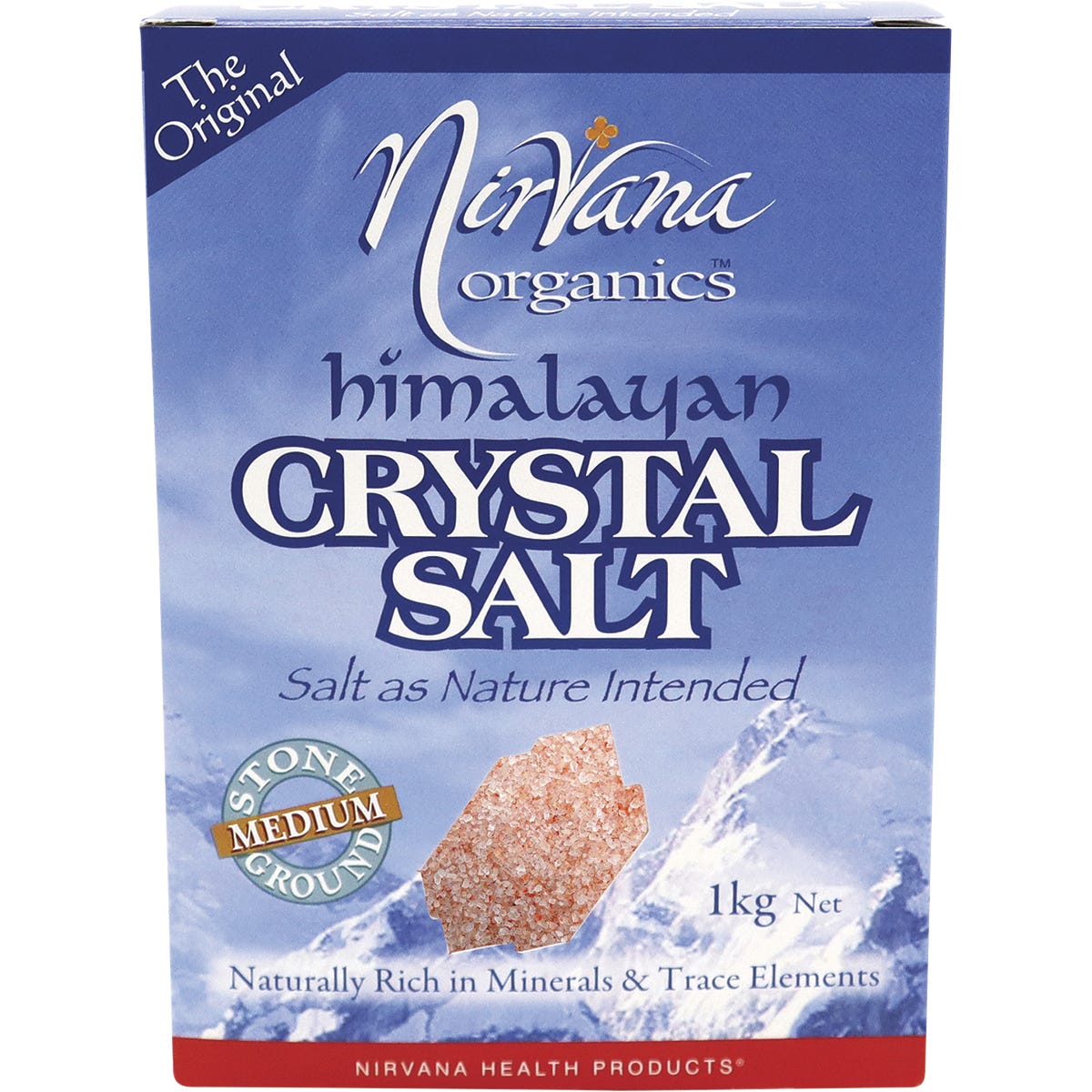 1kg bag of Nirvana Organics Himalayan Salt Medium featuring pink crystals and a white and blue label.