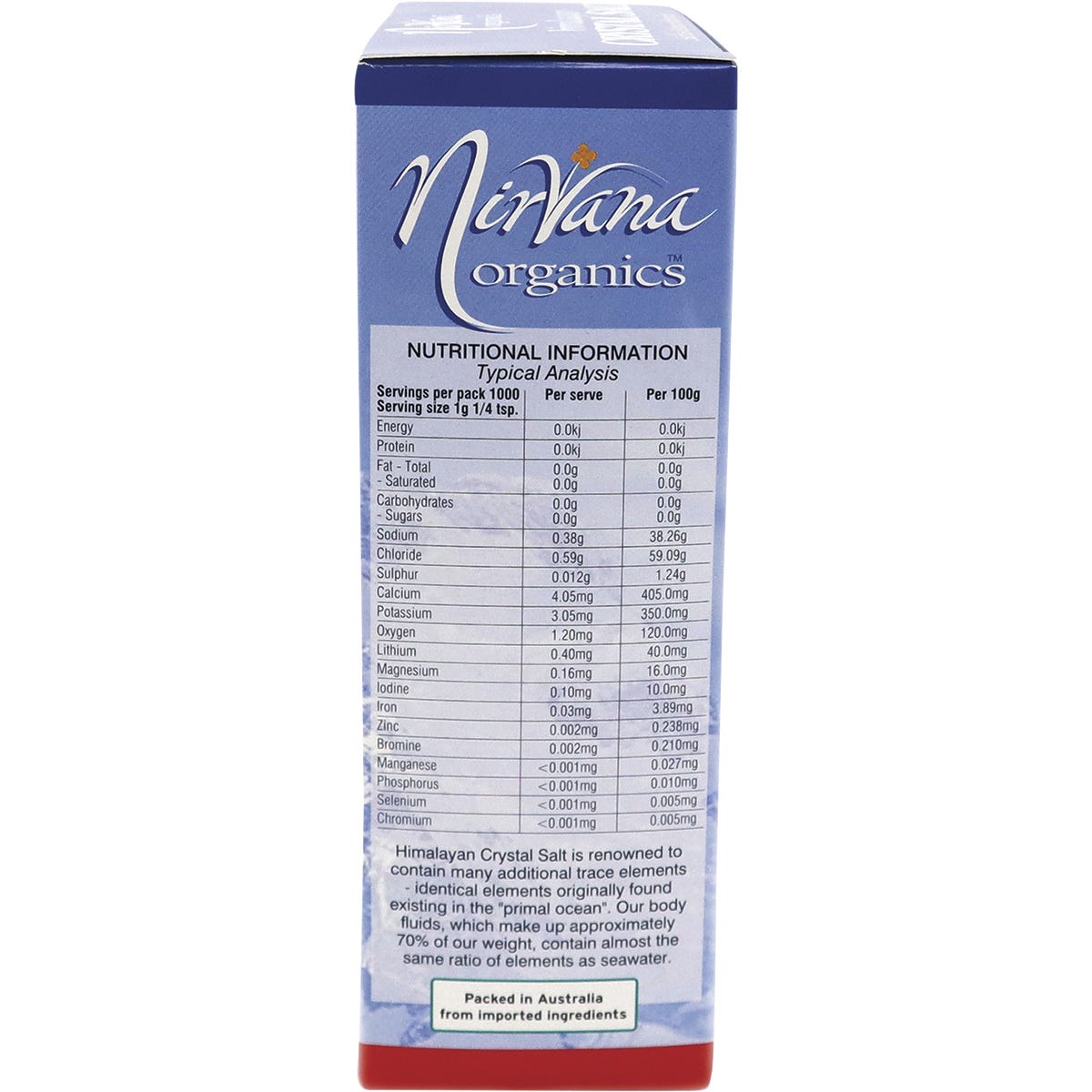 Side view of a 1kg bag of Nirvana Organics Himalayan Medium Salt showing product details and a white and blue label.