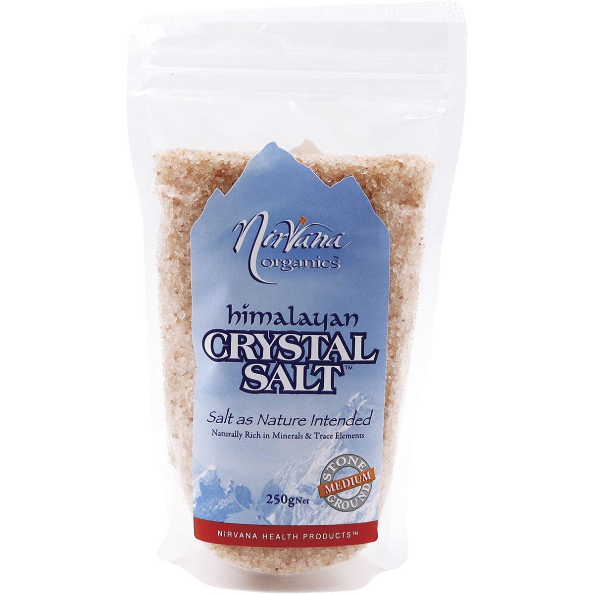 Nirvana Organics Himalayan Salt Medium 250g shaker with pink salt crystals and a clear body.