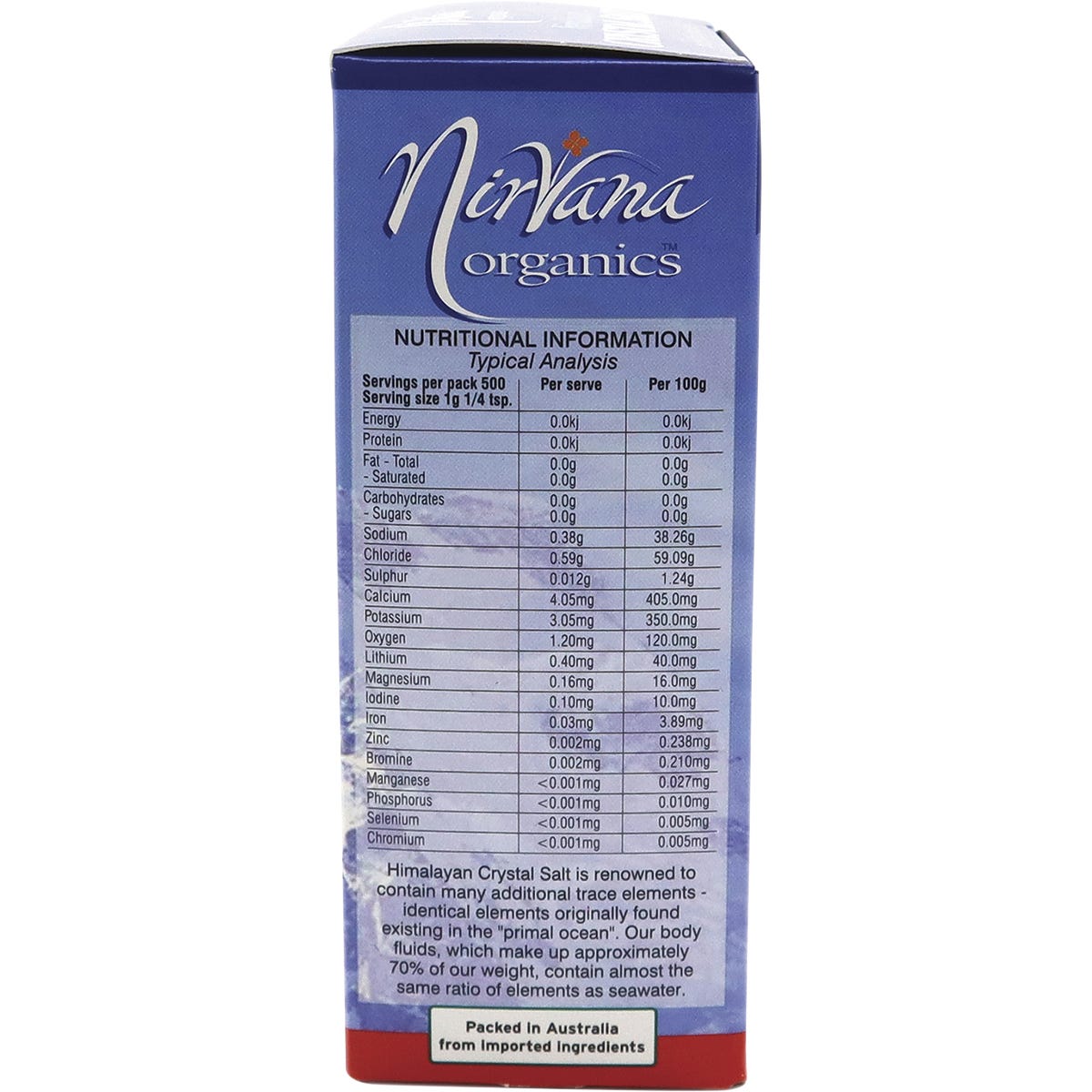 500g bag of Nirvana Organics stone-ground medium Himalayan crystal salt.