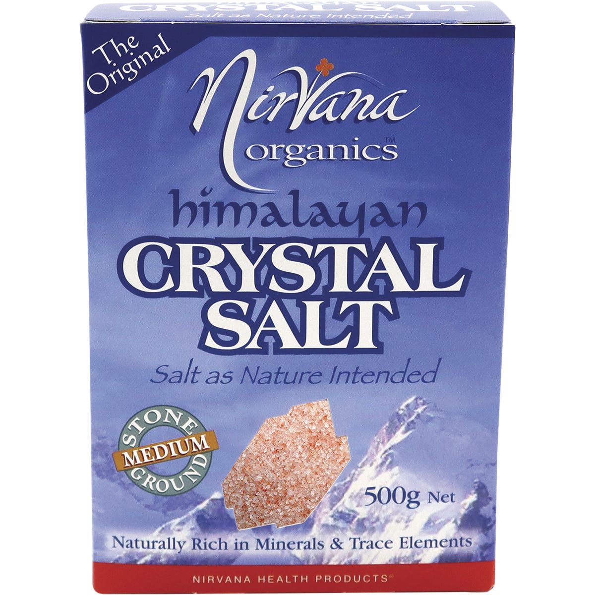 500g bag of Nirvana Organics stone-ground medium Himalayan crystal salt.